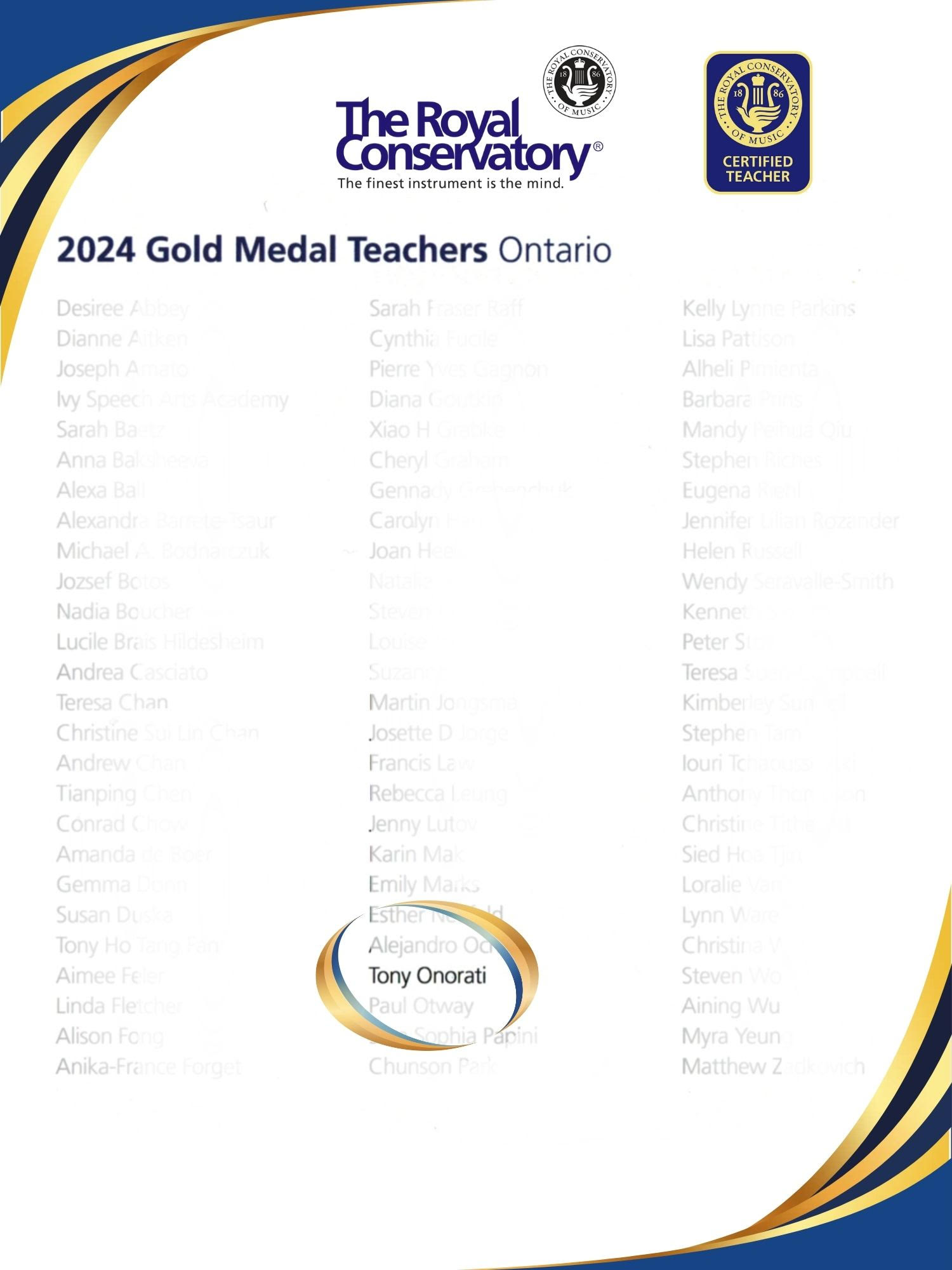 RCM 2024 Gold Medal Teacher Ontario list